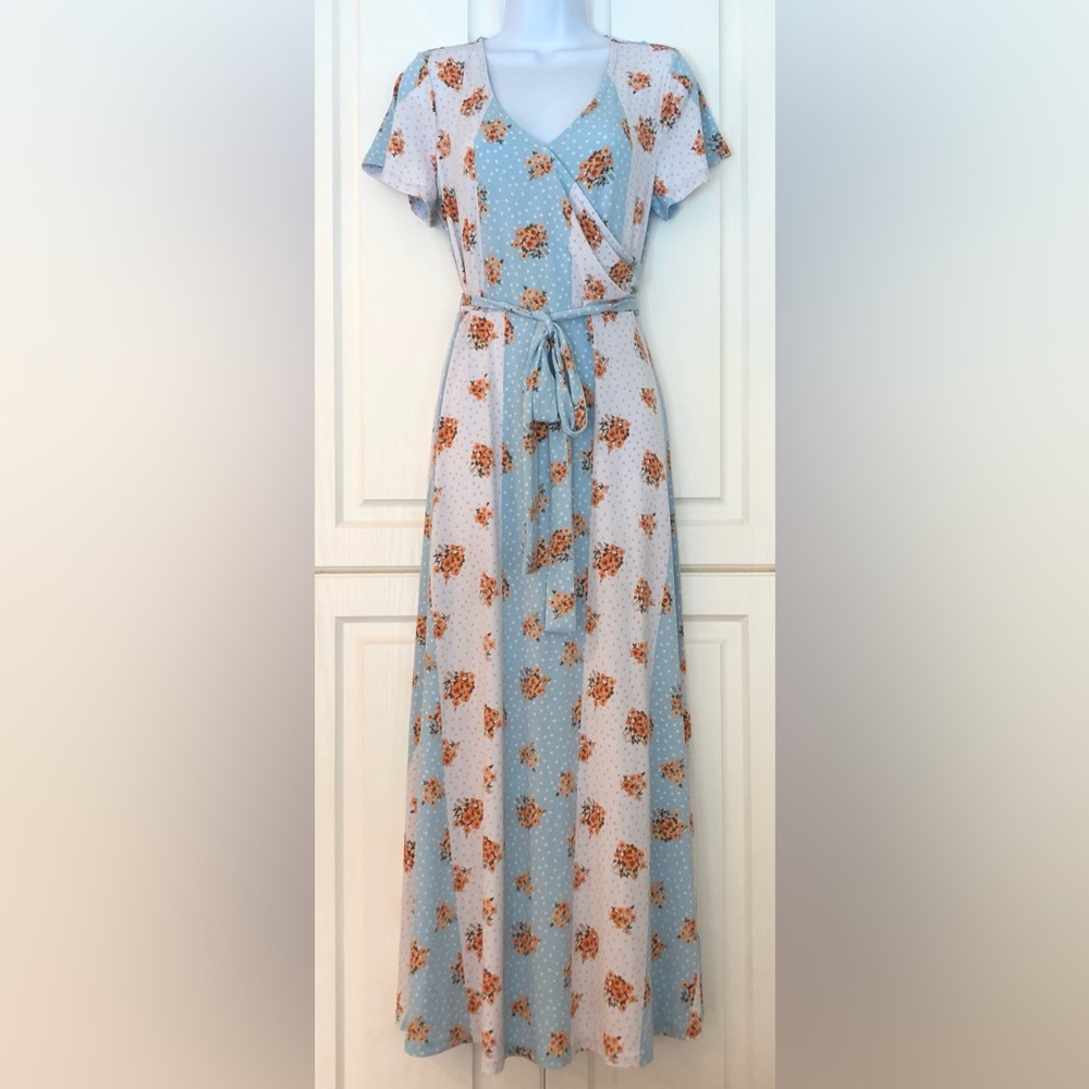 DuJour Short Sleeve Printed Faux Wrap Maxi Dress